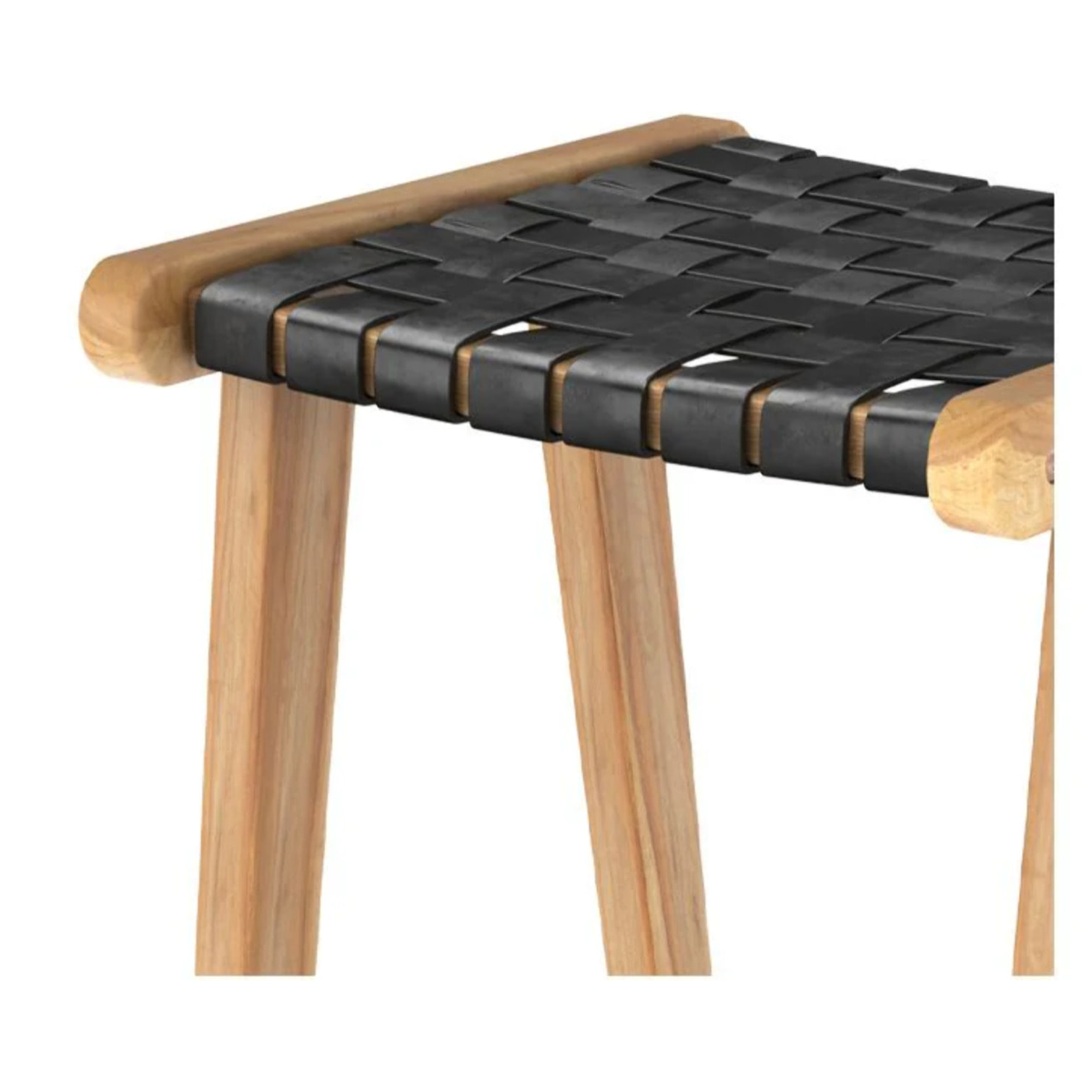 Tabouret pour îlot central 65 cm en teck et cuir tressé noir - Yuma