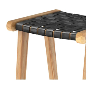 Tabouret pour îlot central 65 cm en teck et cuir tressé noir - Yuma