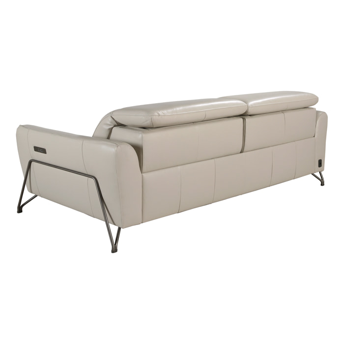 Sofá relax de 3 plazas tapizado en piel de origen vacuno en arena con reposacabezas patas de acero inoxidable oscurecido 2 sistemas de relax eléctrico 213x111x104cm