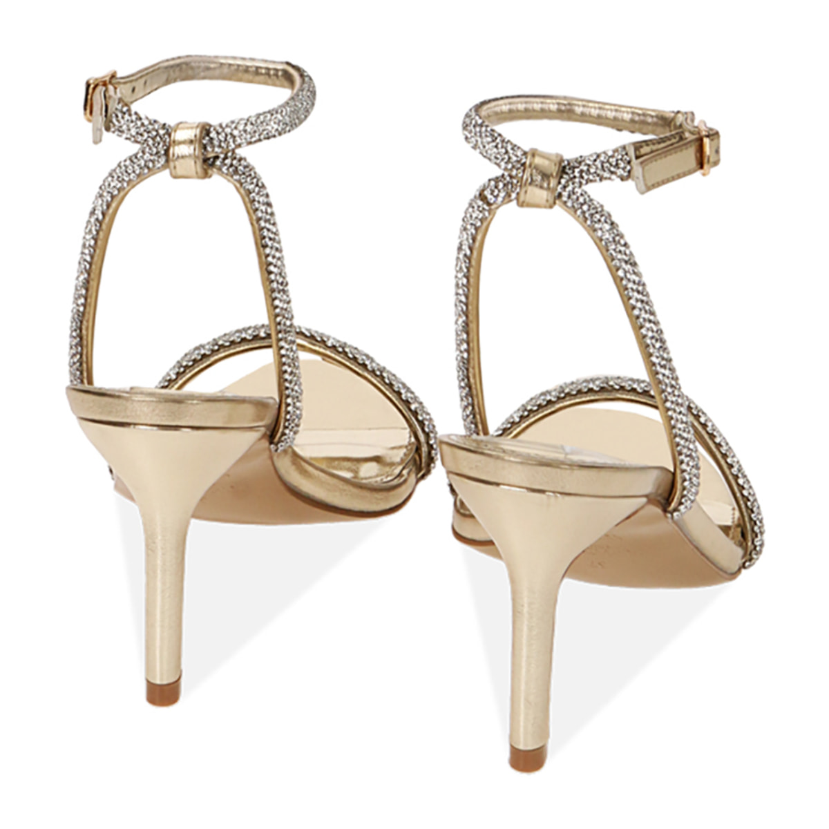 Sandalias laminadas doradas con brillos, tacón de 8,5 cm