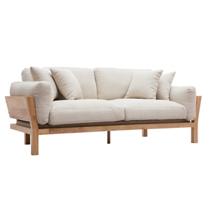 Canapé scandinave déhoussable 3 places en tissu blanc crème et bois clair KYO