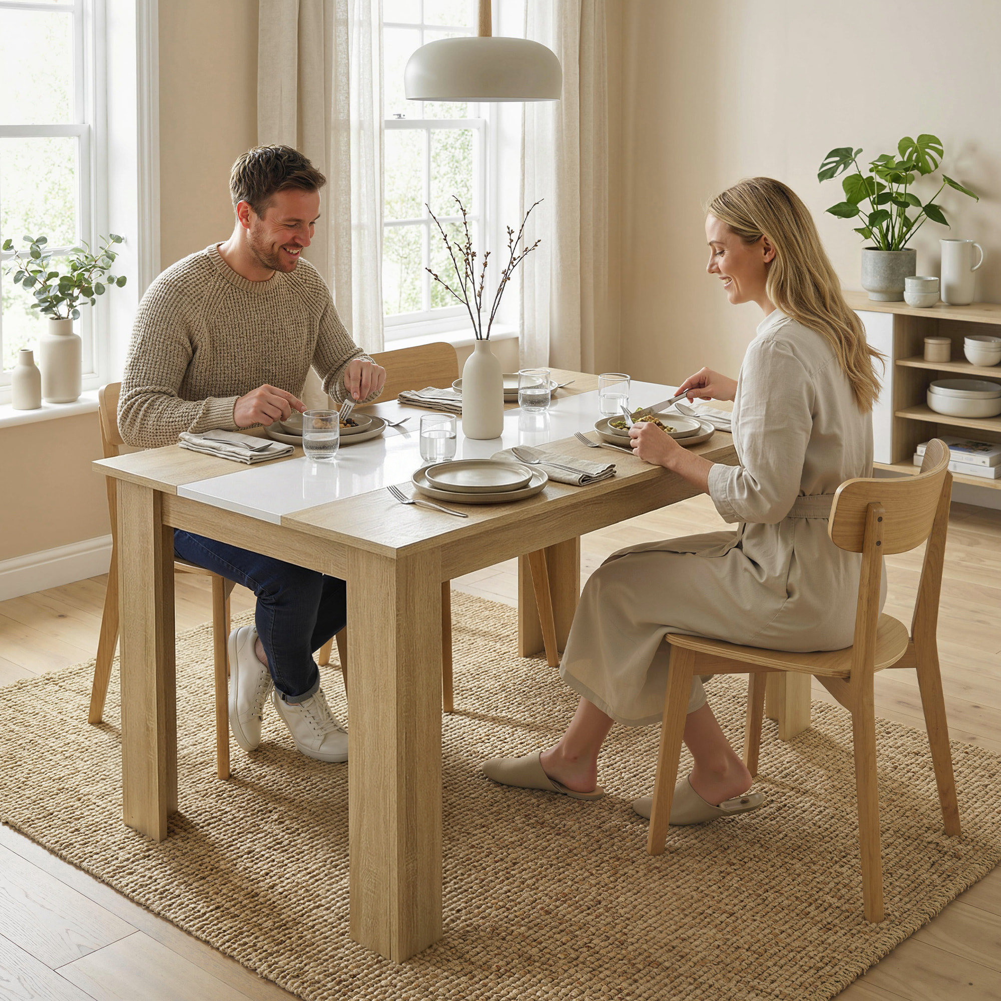 Table à manger grand plateau 4-6 personnes - dim. 120L x 69l x 75H cm - aspect bois chêne clair blanc