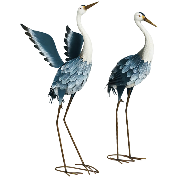 Lot de 2 statues de jardin hérons H. 74/70 cm acier bleu blanc