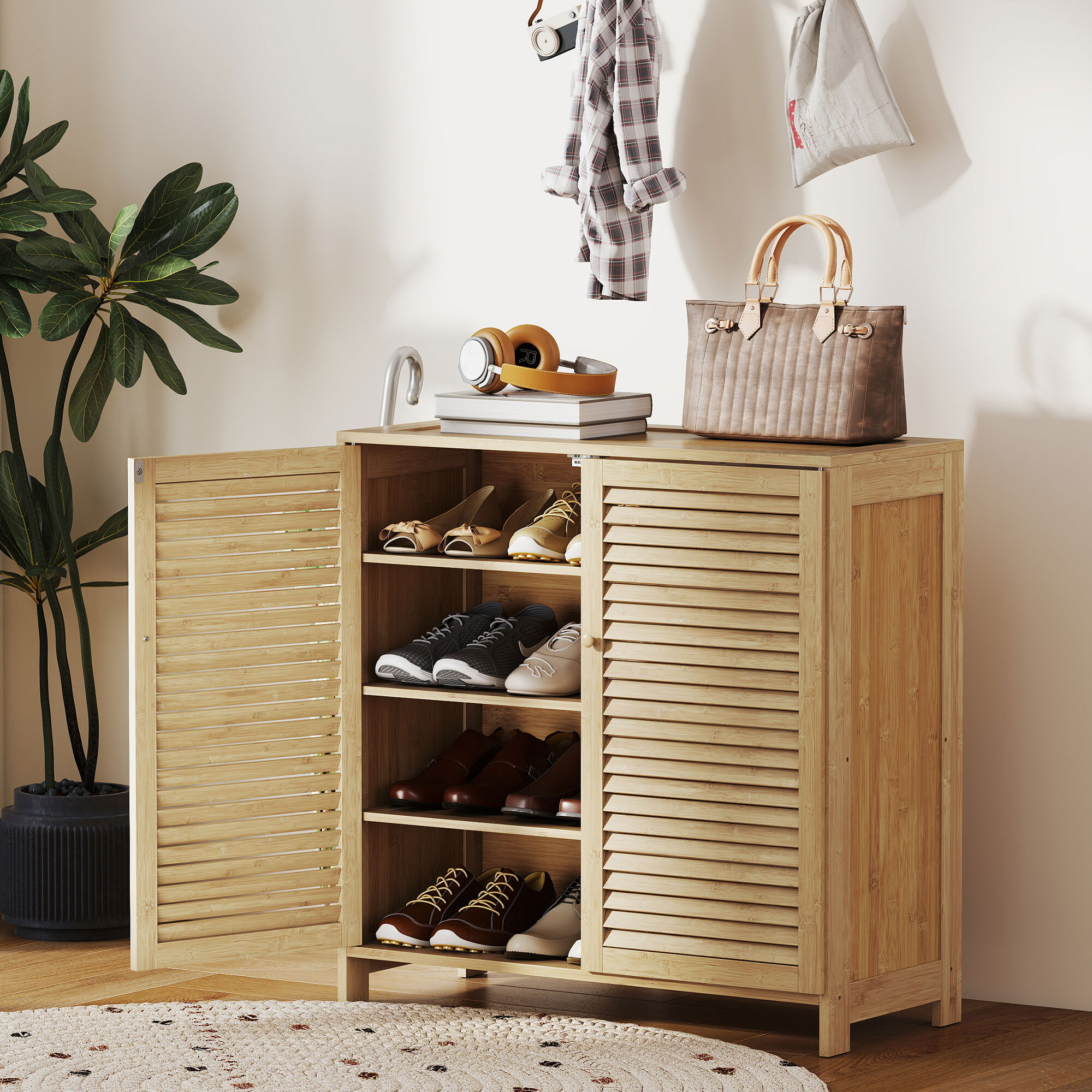 Mueble Zapatero de Bambú, Armario para Zapatos con Puertas de Persiana, Estantes Ajustables, para 14 Pares de Zapatos, Zapatero para Pasillo Recibidor, 80x35x80 cm, Natural