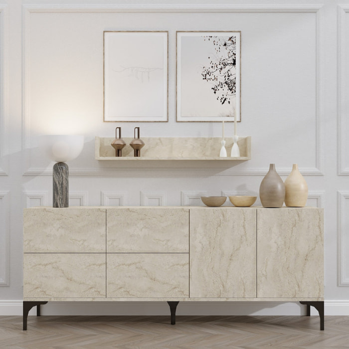 SPRING - Buffet effet travertin 180 cm 6 portes et étagère