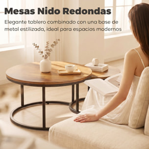 HOMCOM Set de 2 Mesas de Centro Redondas, Mesas Nido Industriales con Estructura Metálica para Salón, Dormitorio u Oficina, 60x60x 45 cm, Marrón