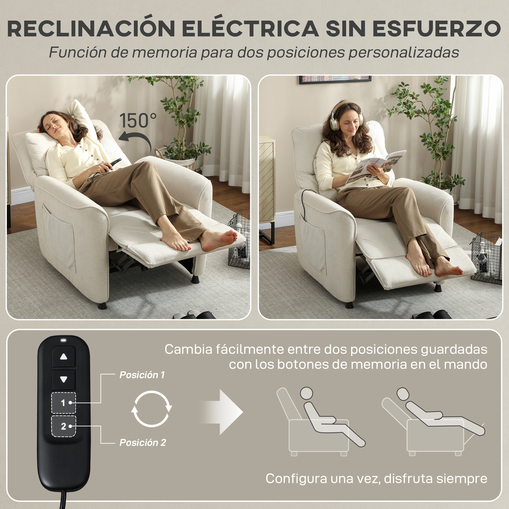 Sillón Relax Reclinable Eléctrico, con Calor Lumbar y Masaje Vibración, Sillón Masaje Relax, Motor Silencioso, Función de Memoria, Bolsillos Laterales, Almohada, Control Remoto con USB, Crema