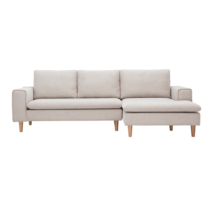 Canapé d'angle droit en tissu effet velours texturé beige et bois clair RAGNAR