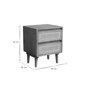 Table de chevet en bois manguier massif et cannage rotin avec rangements 2 tiroirs ACANGE