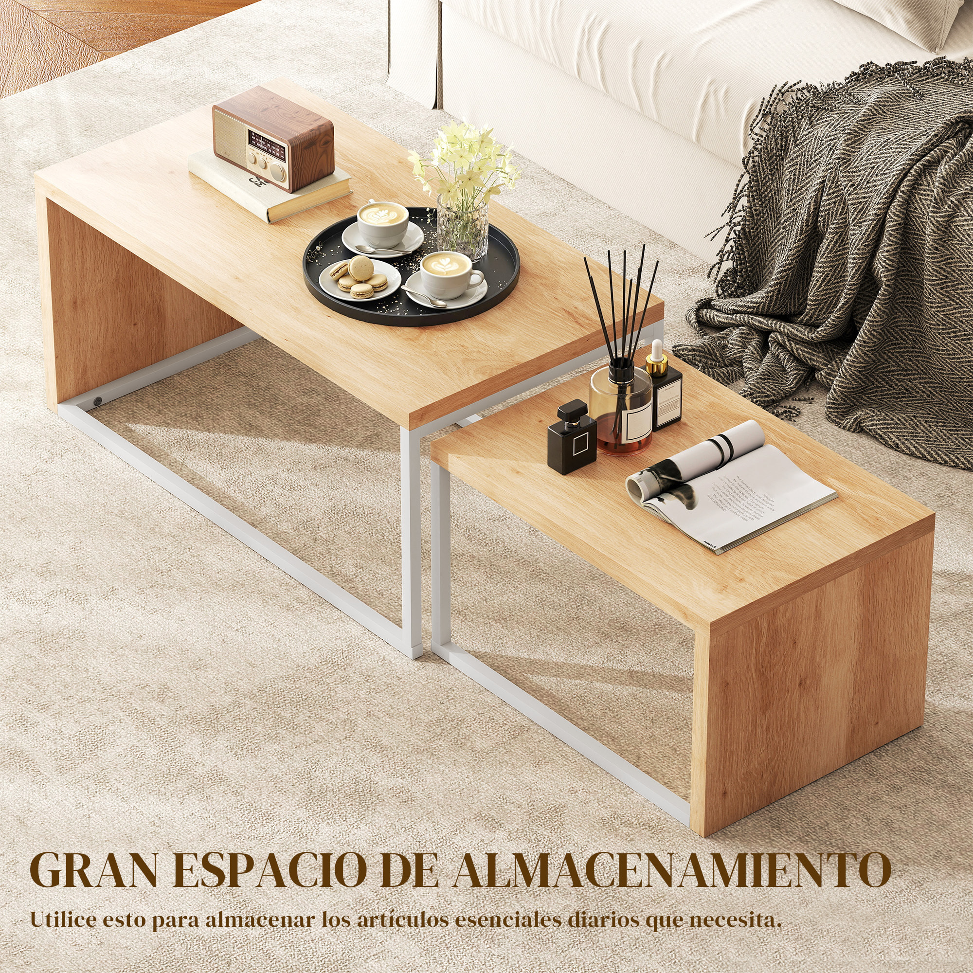Juego de 2 Mesas de Centro, Mesa Nido Moderna, Mesitas Auxiliares, Marco de Metal, para Salón, Dormitorio, Grande 90x48x42 cm y Pequeña 59x42x36 cm, Natural y Blanco
