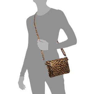 Oleggio bolso bandolera mujer. Piel auténtica Gamuza con estampado de animal print leopardo y lacada brillante.