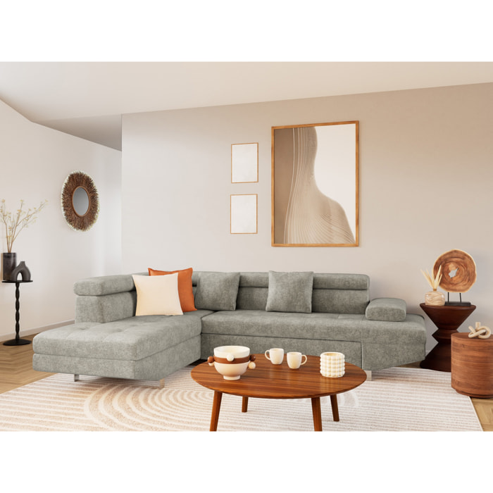 Margaux - Canapé d'angle gauche 5 places convertible avec coffre et têtières réglables en velours texturé - Vert