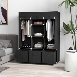 HOMCOM Armario de Tela, Armario Ropero con 2 Barras, 5 Estantes Abiertos, 3 Cajones, Cremallera, Marco de Acero, para Dormitorio, Espacio Pequeño, Vestidor, 125x43x162,5 cm, Negro
