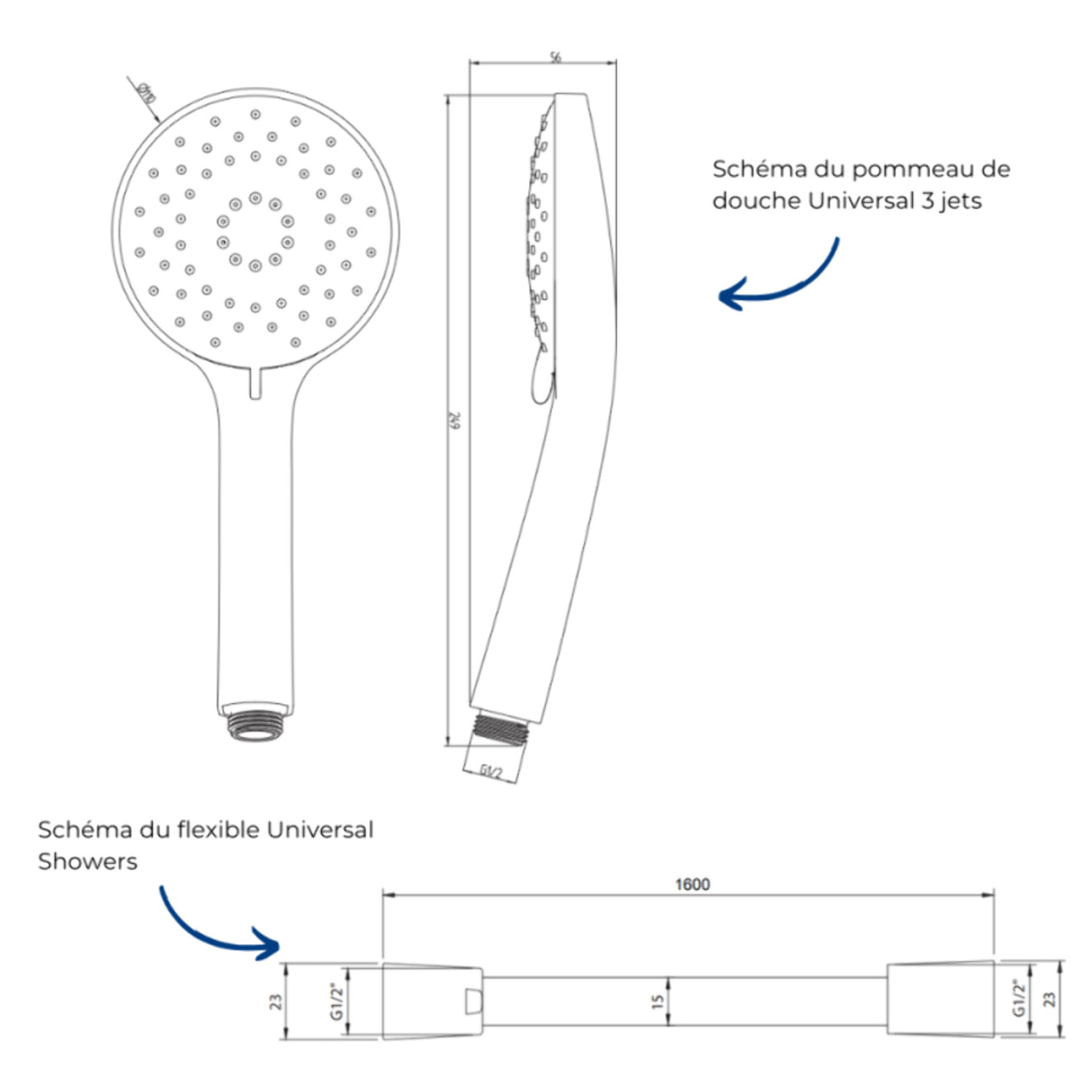 Pommeau de douche VILLEROY & BOCH Universal 3 jets + Flexible de douche Universal Showers 160 cm Chromé