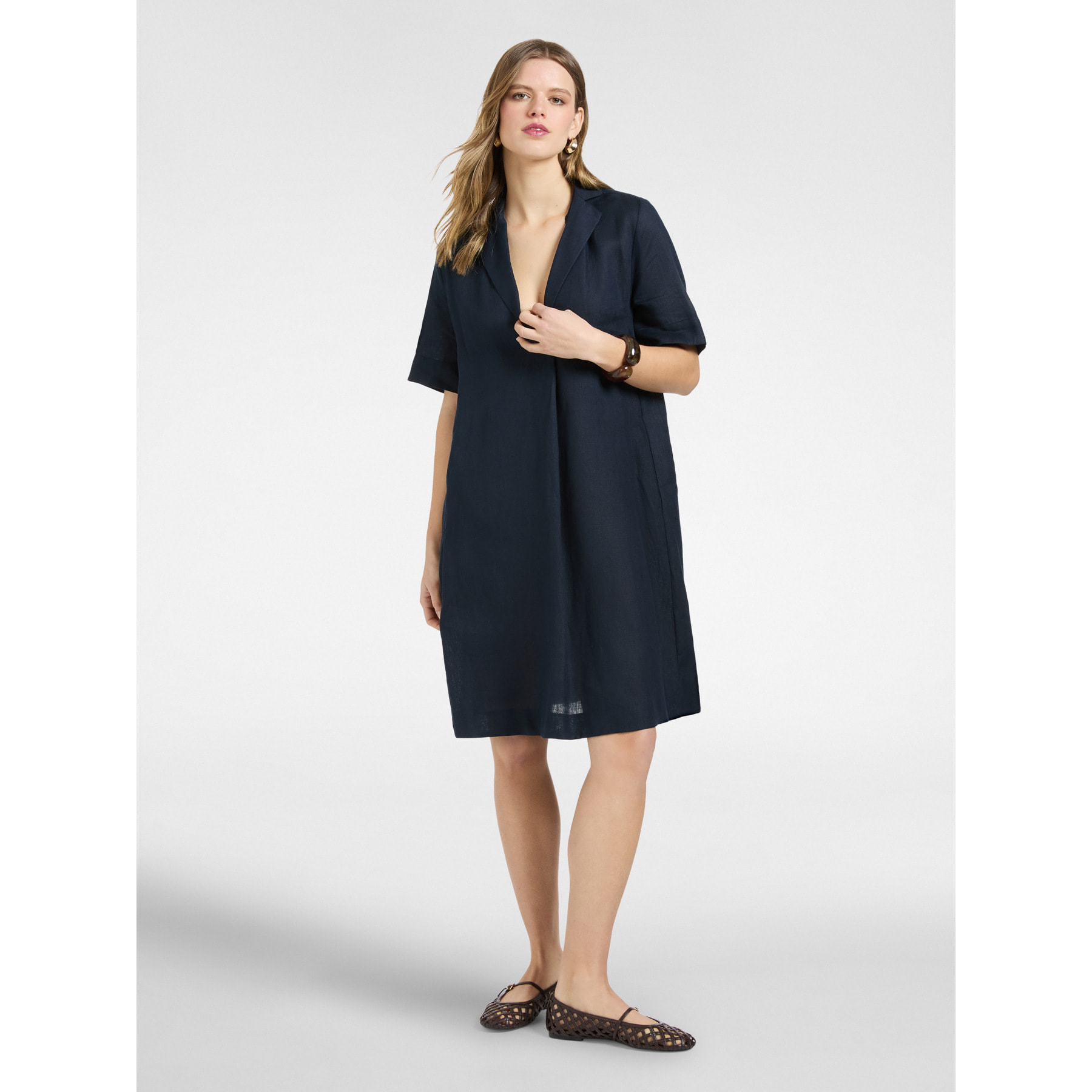 Elena Mirò - Vestido camisero de lino manga corta - Azul