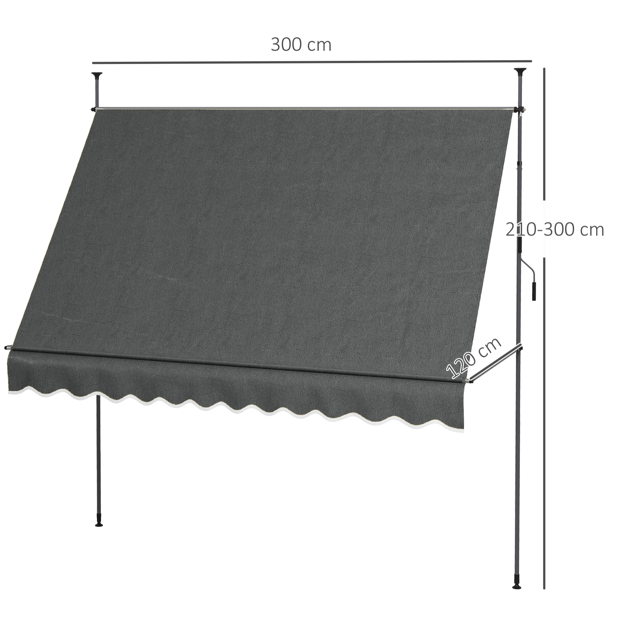 Toldo Manual Retráctil 300x120x210-300 cm Toldo para Balcón con Manivela Altura Ajustable Impermeable y Anti-UV para Jardín Terraza Ventanas Gris Oscuro