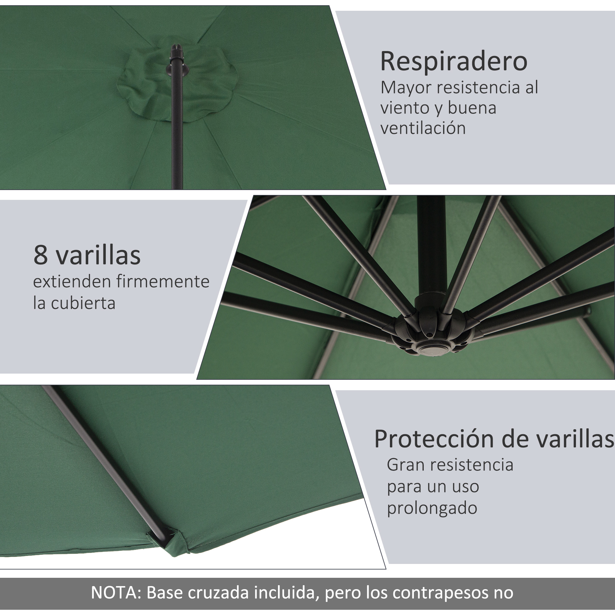 Outsunny Sombrilla de Jardín Ø300x250 cm Parasol Excéntrico Inclinable con Manivela Base Cruzada y Soporte de Acero Protección Solar para Terraza Exterior Verde