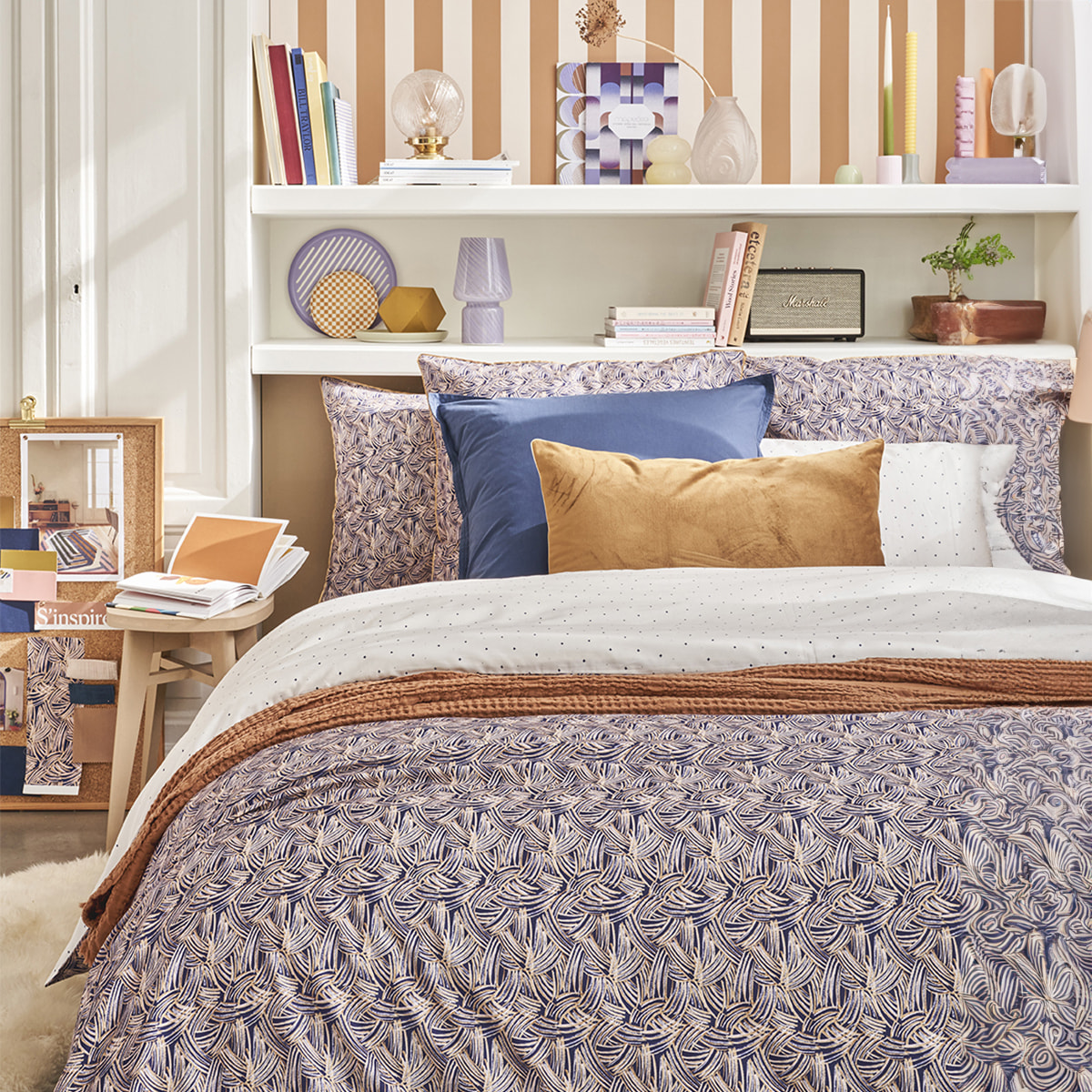 Housse de couette imprimée en satin de coton, TRESSAGE, Bleu foncé