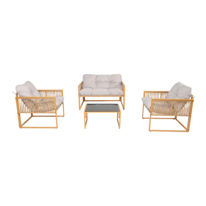FORLI Salon de jardin 4 places effet rotin coussins gris clair