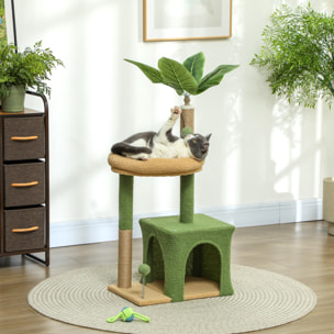 Árbol Rascador para Gatos 98 cm, Torre para Gatos con Hojas Artificiales, Cueva, Cama, Postes Rascadores, 2 Bolas de Juguete, Cubierto de Terciopelo, Verde