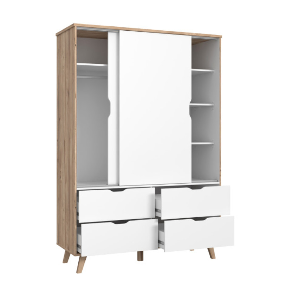 Armoire 2 portes 4 tiroirs effet bois chêne naturel et blanc mat - WANDA