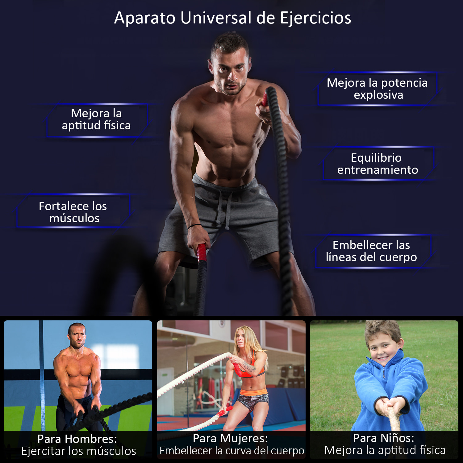Cuerda de Batalla Ø38 mm Longitud 9 m Battle Rope Formación Battling Power Cuerda Ejercicio Fitness Deporte Poliéster Ultra Resistente Negro