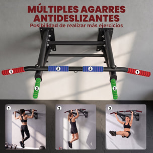 SPORTNOW Barra de Dominadas para Pared Plegable, Barra de Dominadas con 3 Anillas para Bandas de Resistencia, Agarres Antideslizantes, Carga 120 kg, para Entrenamiento en Casa, Gimnasio, Negro