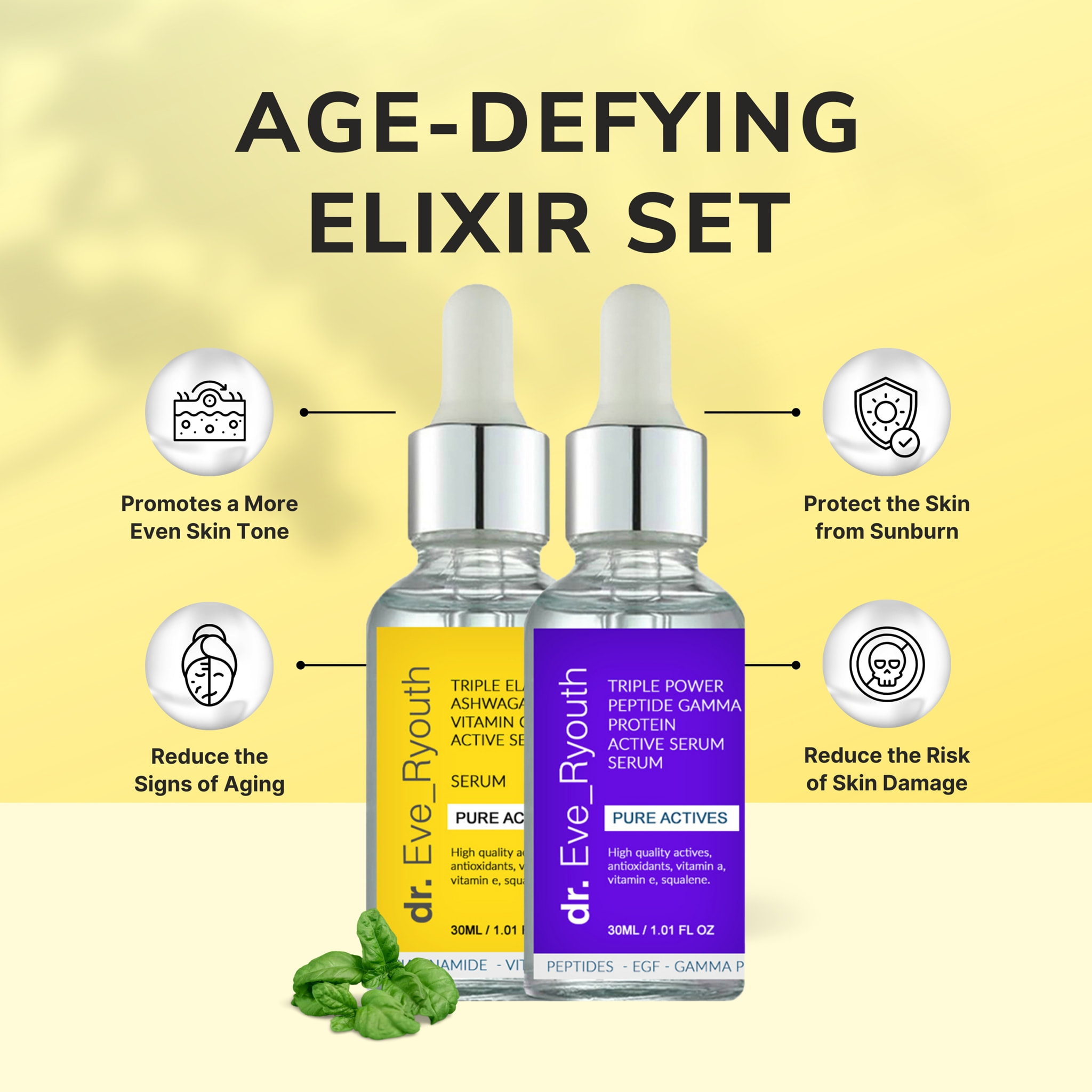 Suero activo potente con triple elasticidad y vitamina C de Ashwaganda, 30 ml + Suero activo con proteína gamma y péptidos de triple potencia, 30 ml