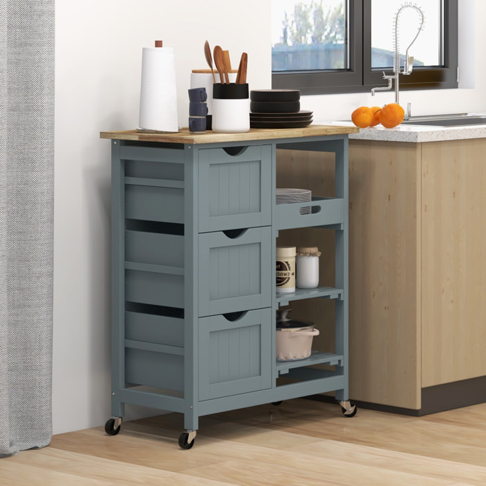 Carro de Cocina Carrito Auxiliar con Ruedas Tablero de Madera 3 Cajones 2 Estantes Abiertos y Bandeja Extraíble para Comedor Salón 67x37x85,5 cm Gris