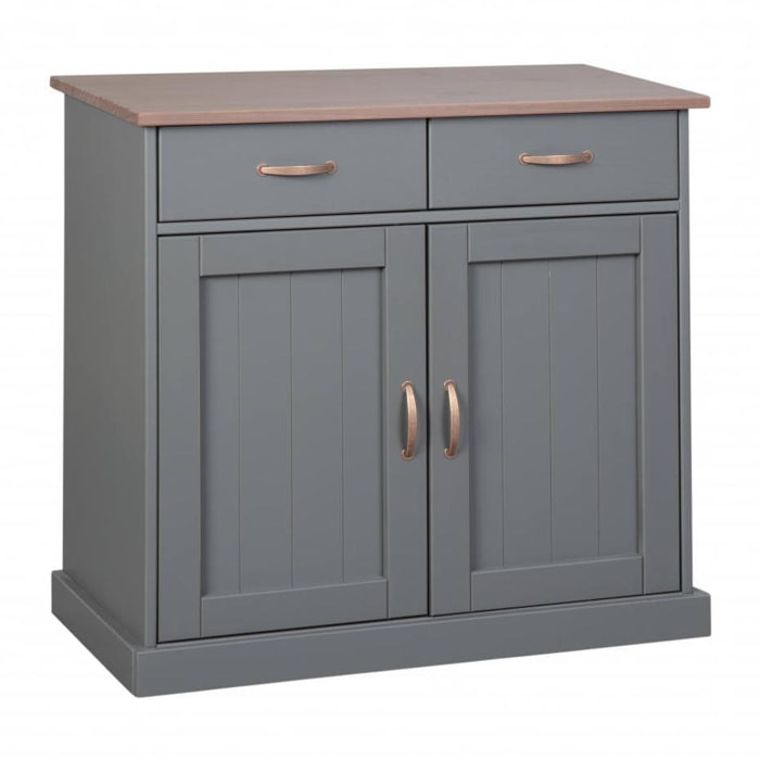 Buffet a 2 ante e 2 cassetti, in pino massello verniciato grigio con top e finiture color marrone, 90x45x86 cm