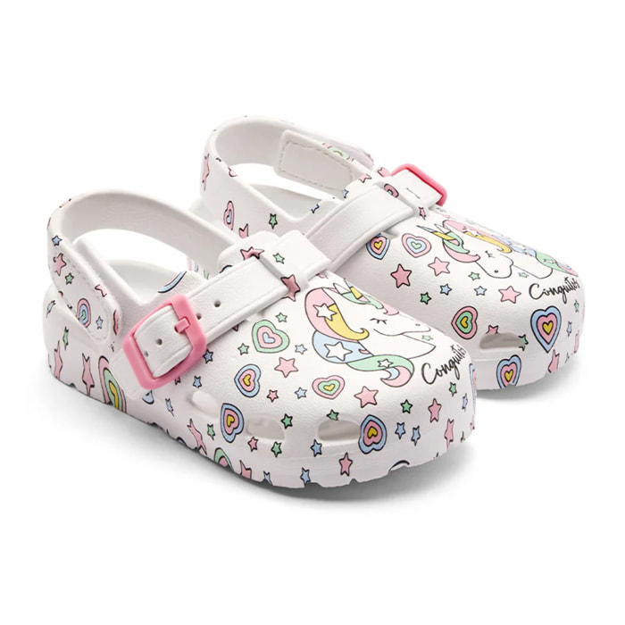 Sandalias Zueco Hebilla Estampado Unicornio Blanco