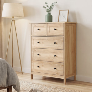 Commode 5 tiroirs style contemporain poignées boutons métal noir MDF panneaux naturel