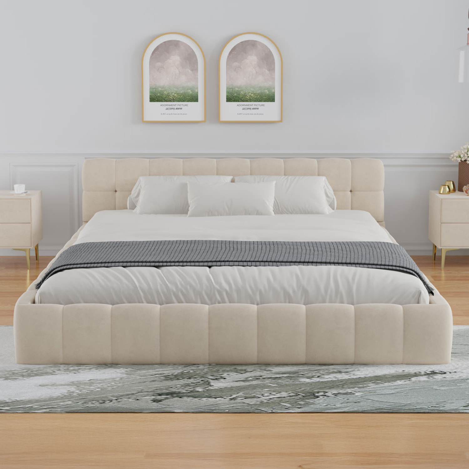 Lit style nuage 160x200cm en velours beige PRINCETON