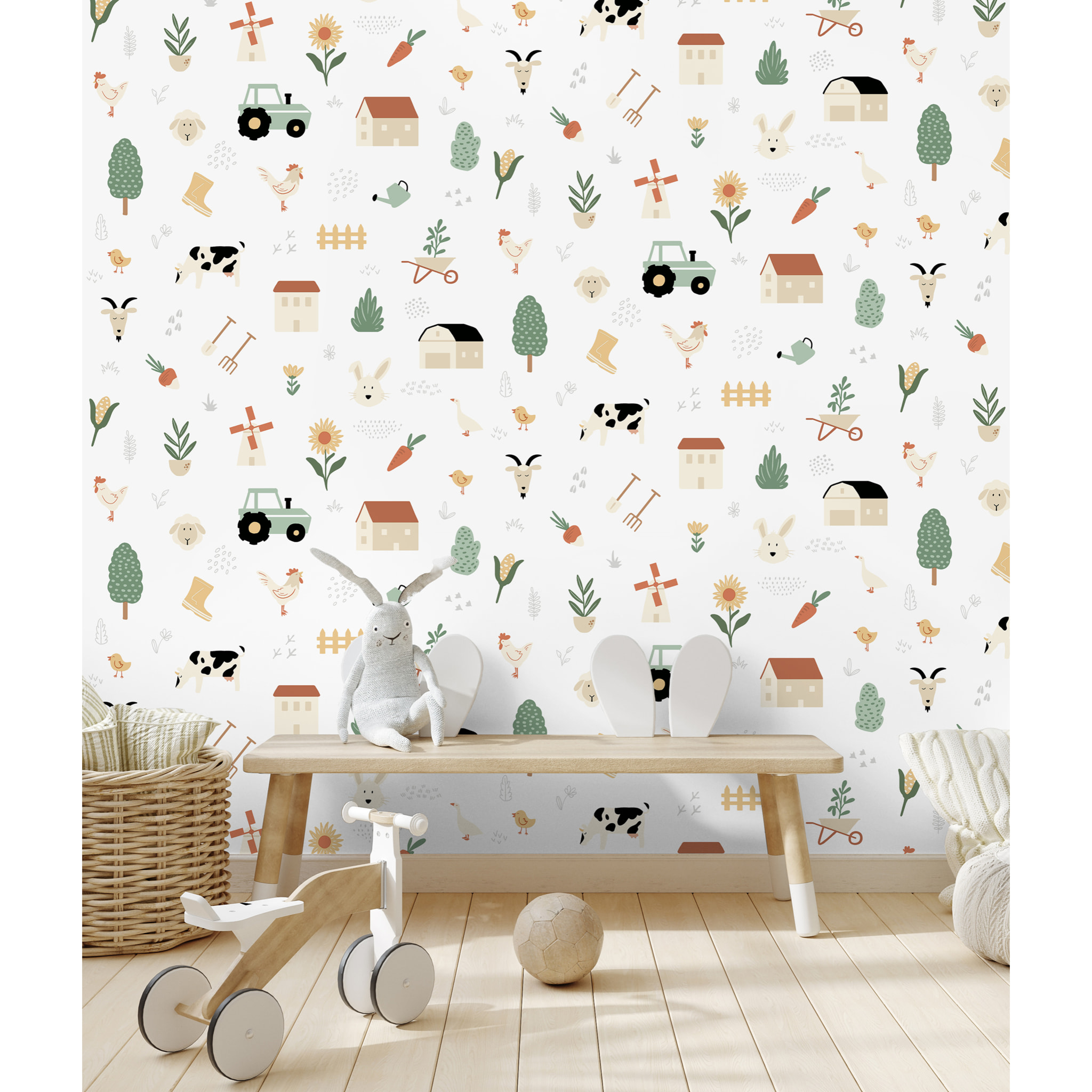 Papier peint enfant animaux ferme fond blanc