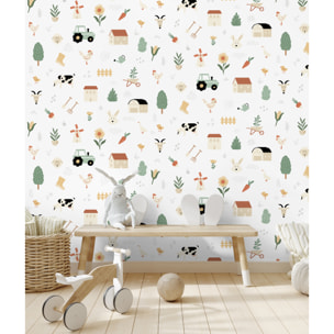 Papier peint enfant animaux ferme fond blanc