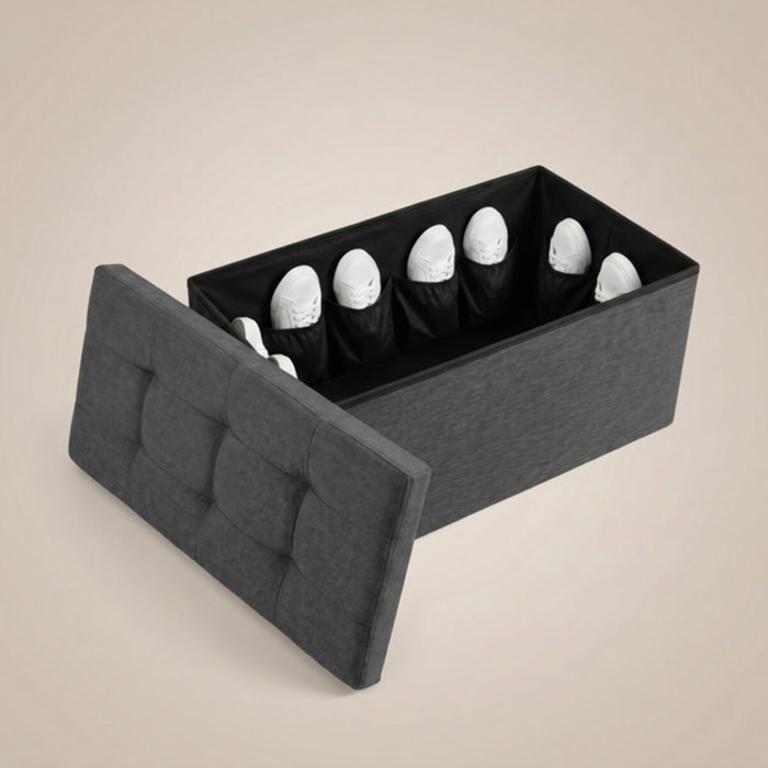Pouf contenitore imbottito in tessuto con seduta lunga, panca multifunzione con spazio interno, ideale come poggiapiedi, seduta o contenitore, pratico e versatile per soggiorno, camera o ingresso, facile da pulire, dimensioni 76x34x34 cm