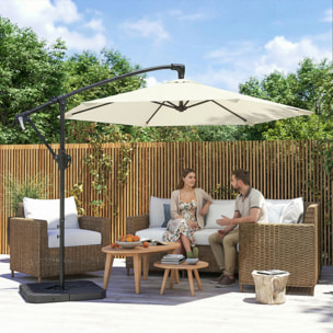 Parasol déporté 3 m avec pied en croix et dalles lestage, parasol de jardin extérieur avec manivelle et loquet de verrouillage, toile polyester 180 g/m², protection UV 30+, crème