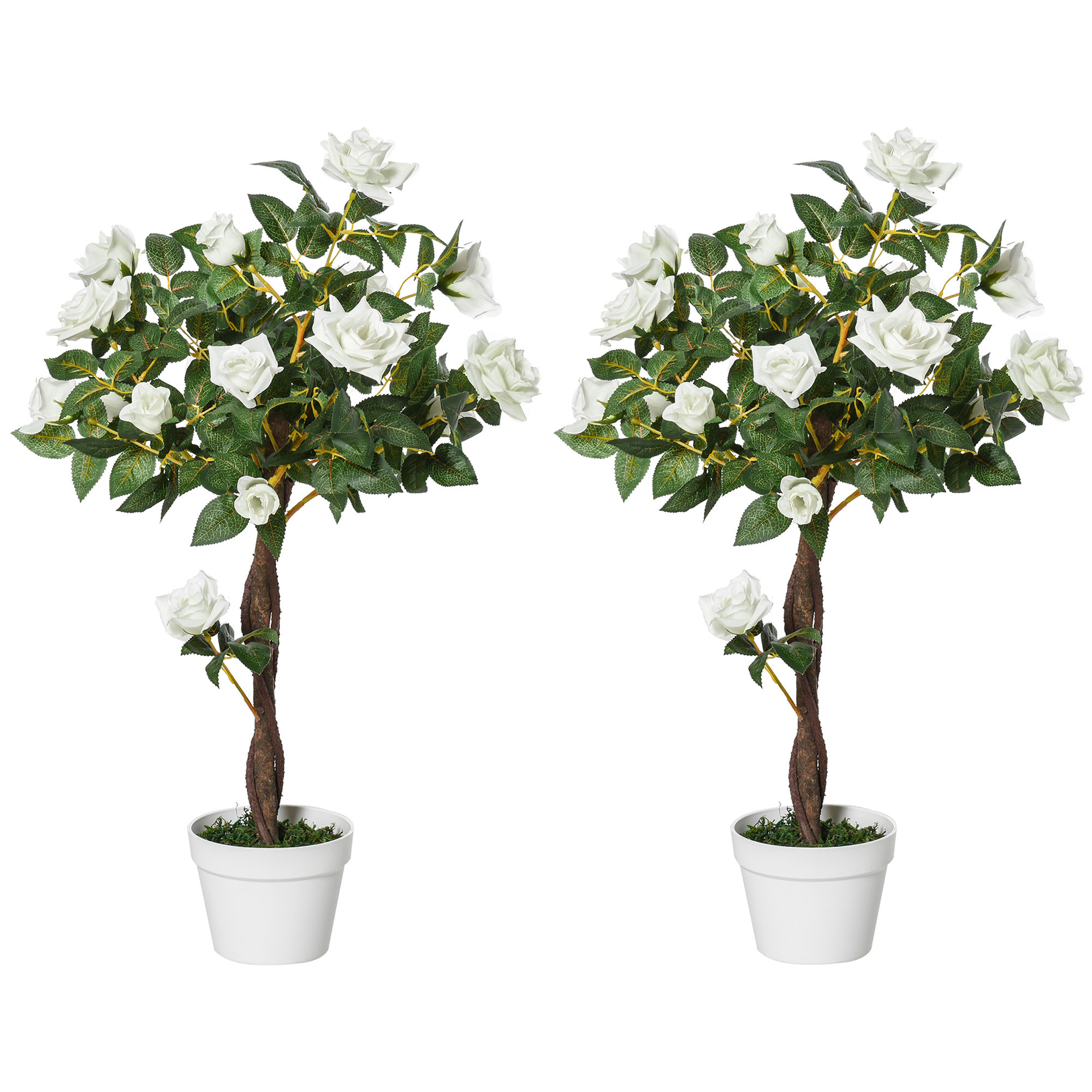 Juego de 2 Plantas Artificiales Rosas Artificiales con 21 Flores y Maceta de Cemento Plantas Sintéticas para Decoración Hogar Salón Oficina Verde y Blanco