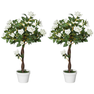 Juego de 2 Plantas Artificiales Rosas Artificiales con 21 Flores y Maceta de Cemento Plantas Sintéticas para Decoración Hogar Salón Oficina Verde y Blanco