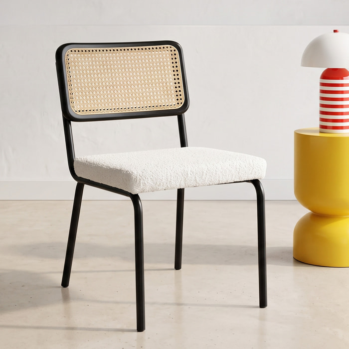 Lot de 2 chaises noires, cannage et tissu bouclé - PAULA