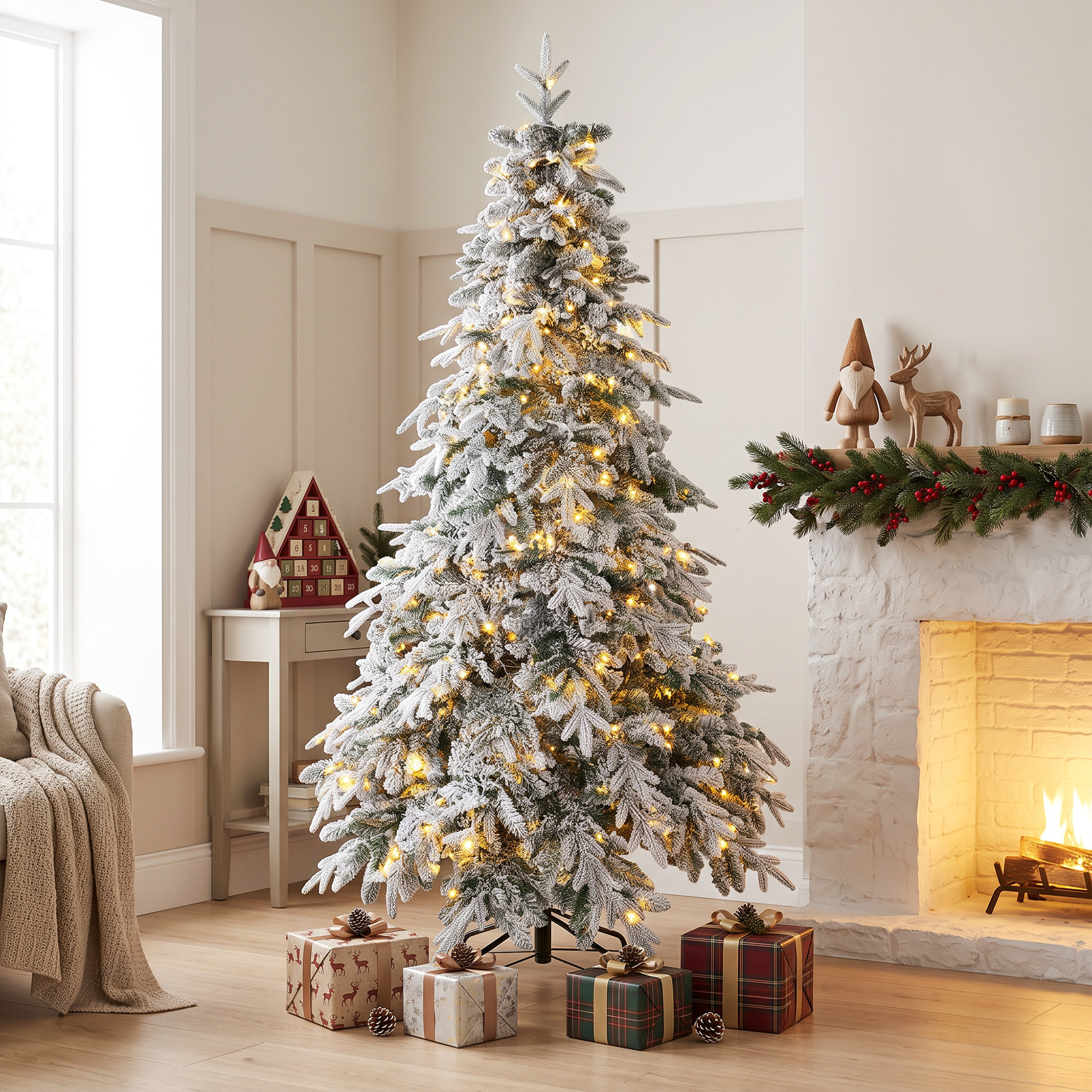 Sapin de Noël artificiel enneigé LED H.180 cm 350 LEDs blanc chaud télécommande 8 modes
