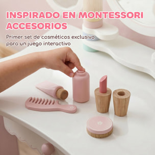 Tocador para Niñas, Tocador de Maquillaje Niñas con Taburete, Espejos Giratorios, Cajón, 6 Accesorios, Bandejas Laterales, Juguete para +3 Años, Rosa