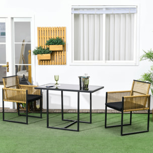 Conjunto de Mesa y Sillas de Jardín Exterior Juego de 3 Piezas Sillas con Respaldo Plegable y Cojines y Mesa de Cristal Diseño Anidado para Terraza Patio Natural y Negro