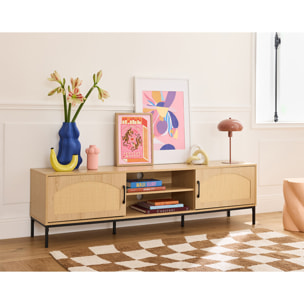 Nagato - meuble tv - cannage et effet bois - 2 portes et 2 niches -180 cm - Bois / Noir