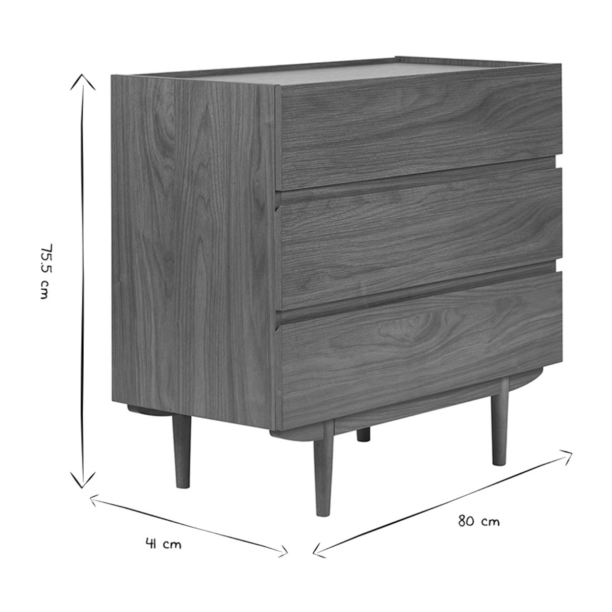 Commode finition bois foncé noyer 3 tiroirs L80 cm SANAA