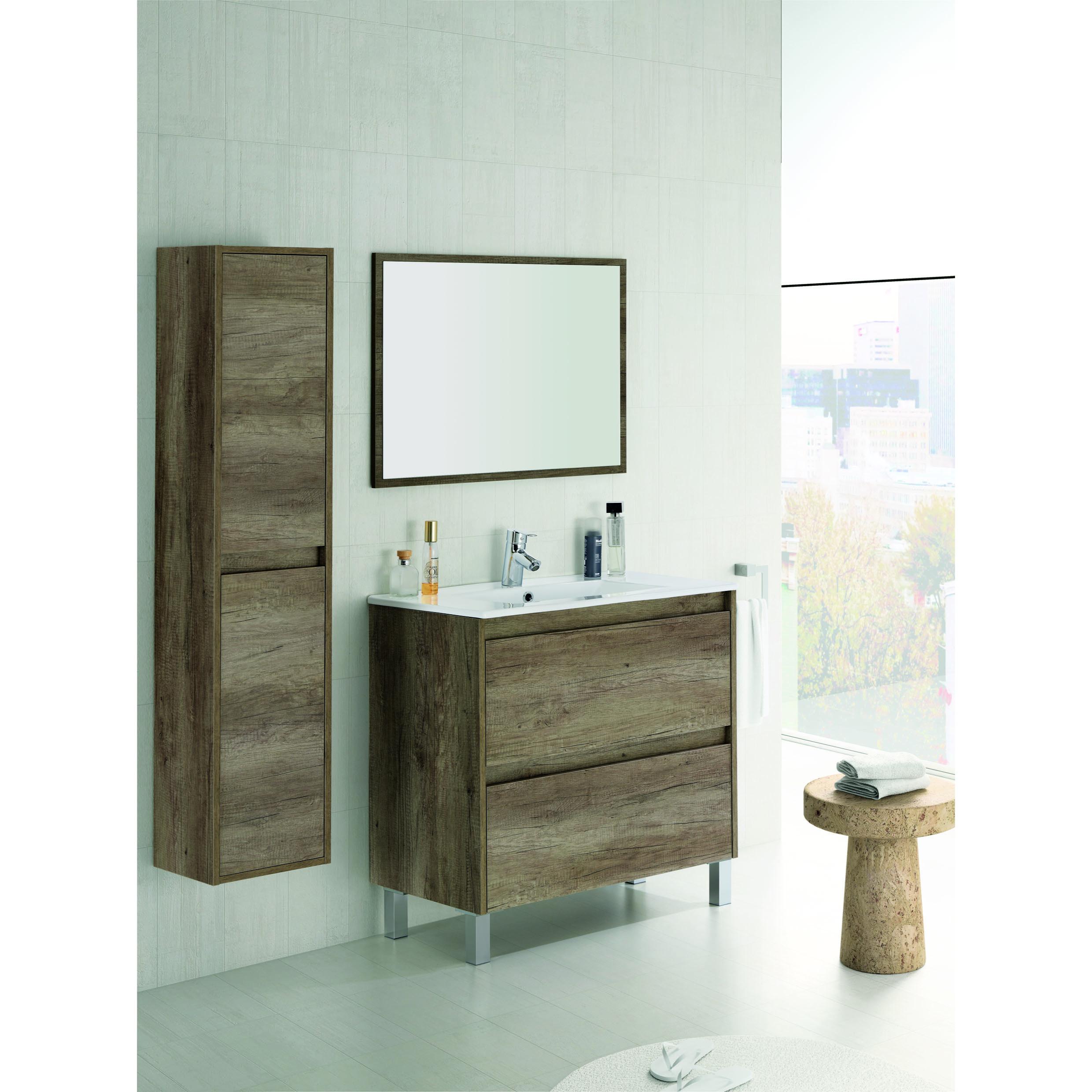 Mobile sottolavabo Modesto, Mobiletto sospeso con 2 cassetti, Armadio per bagno con specchio, Lavabo escluso, cm 80x45h80, Quercia