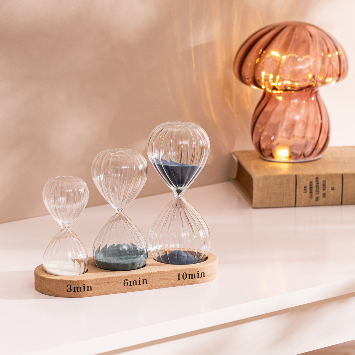 Set 3 sabliers H.15cm verre avec plateau bois