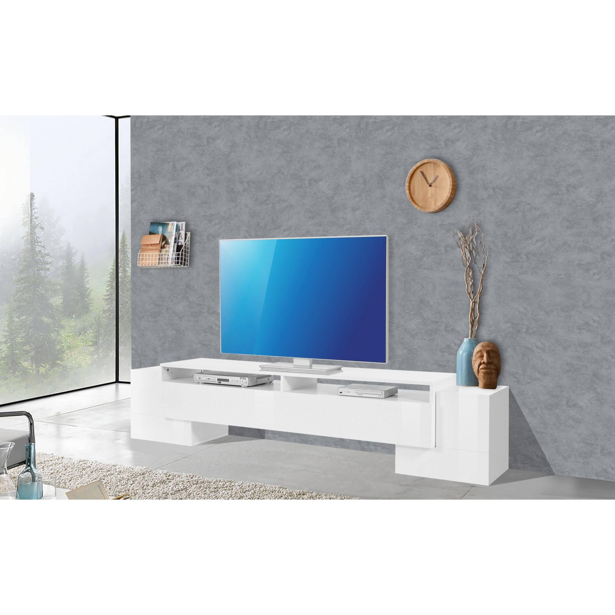 Mobile da soggiorno Porta TV, Made in Italy, Supporto per TV da salotto a 3 ante e ripiani, cm 210x45h45, colore Bianco lucido