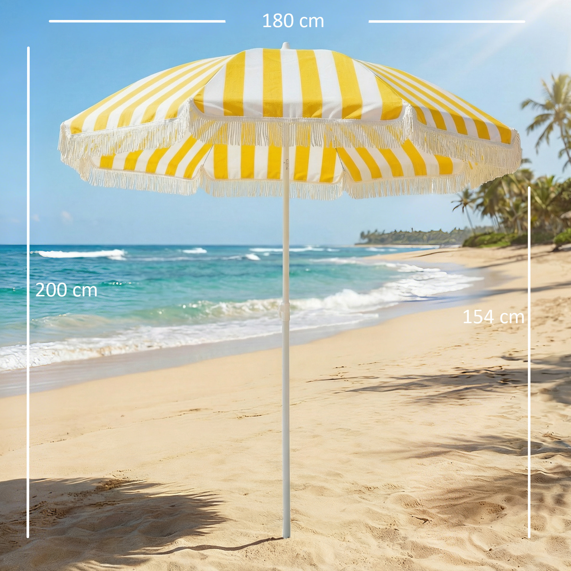 Sombrilla de Playa con Flecos Ø180 cm, Sombrilla de Terraza Exterior con Altura Ajustable, Inclinación 30°, Anclaje Arena y Bolsa de Transporte, Amarillo y Blanco