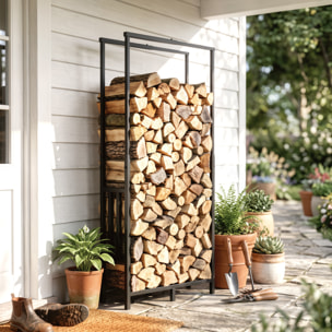 Estante de Leña de Acero Robusto, Leñero Exterior con Ancho y Alto Ajustables, Soporte para Leña de Chimenea para Interior y Exterior, Carga 100 kg, 45,5-75,5x25x98-170 cm, Negro